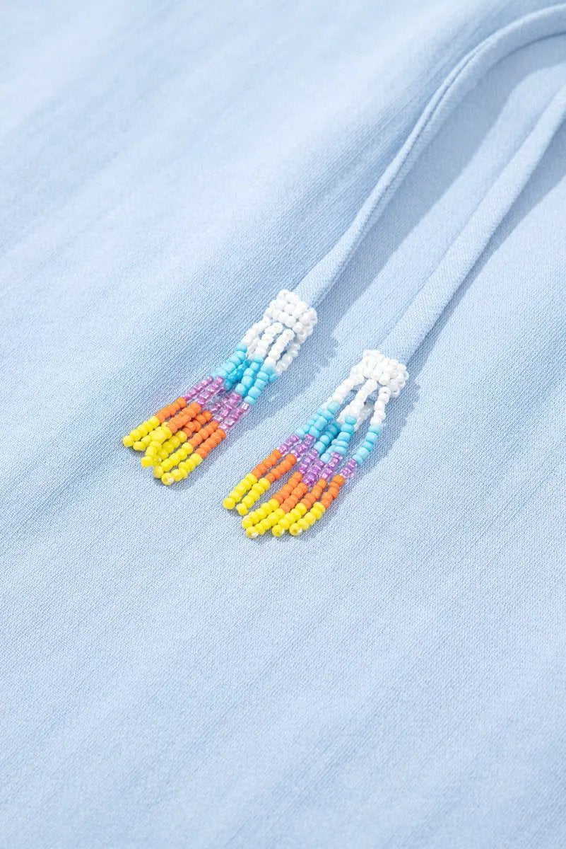 Beau Blue Floral Embroidered Puff Sleeve Split Neck Blouse - Love Salve